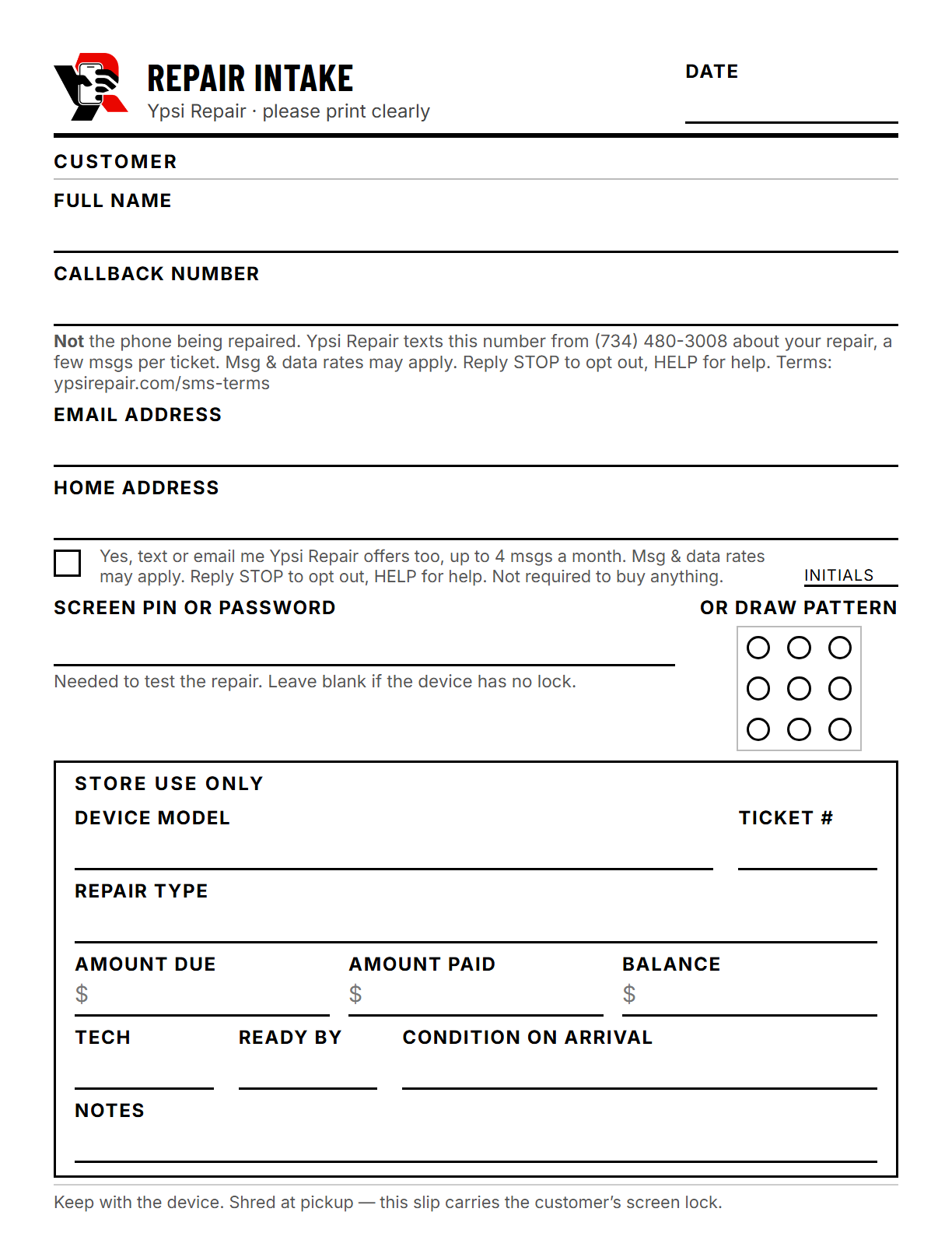 The blank intake slip with the texting disclosure under the callback number and the separate offers checkbox